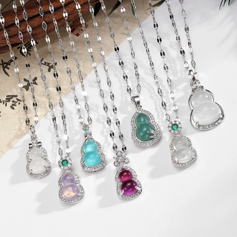Stainless Steel Chain Alloy Zirconia Gourd Pendant Necklace Chinese Style Vintage Elegant Calabash Jewelry For Women Men