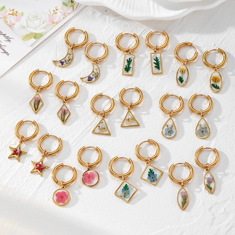 Böhmisch Retro Edelstahl Ohrhänger Echt Trockenblume Transparent Harz Geometrisch Botanisch Ohrringe Für Damen Handgefertigter Schmuck