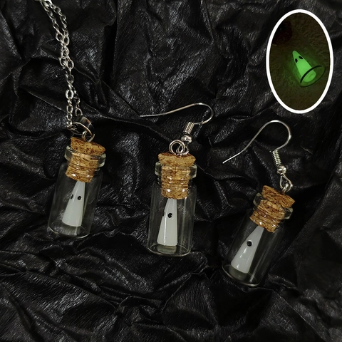 Halloween Brille Dans Le Noir Fantôme Bouteille À La Mer Ensemble De Bijoux Bouteille En Verre Miniature Collier Boucles D'Oreilles Pour Femme Accessoires De Fête