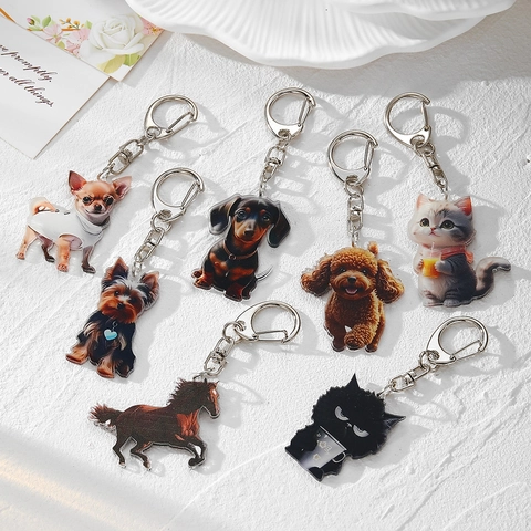 Porte-Clés Créatif en Acrylique Animaux Mignons Impression Recto Verso Pendentif Chien Chat Cheval pour Sacs et Sac à Dos