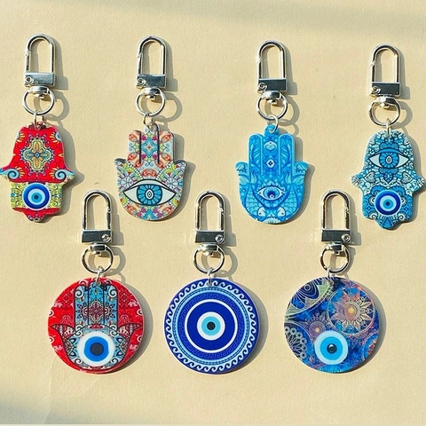 Vintage Evil Eye Hamsa Hand Acrylic Keychain Bohemian Mandala Painted Key Ring For Women Men Ethnic Style Bag Pendant Jewelry Gift