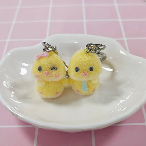 Simpatico Portachiavi Pulcino Floccato Giallo Mini Uccello Peluche Pendente Borsa Con Fiocco Rosa Cravatta Blu Regalo
