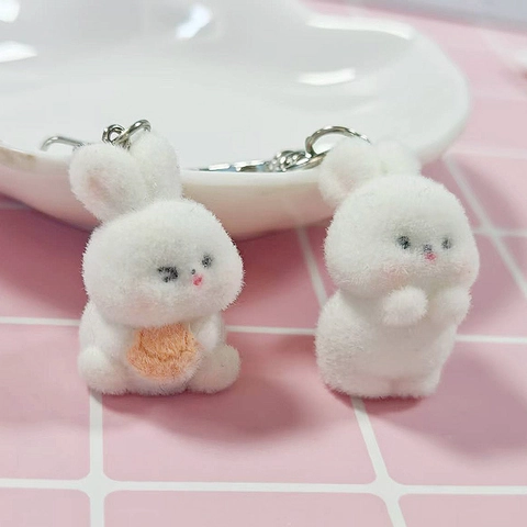 Cute Flocked Rabbit Keychain White Plush Bunny Bag Charm With Heart Metal Ring Cartoon Animal Pendant For Women Girls Gift
