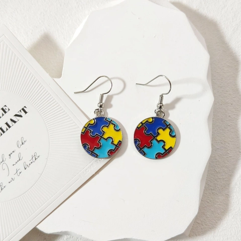 Colorful Puzzle Autism Awareness Drop Earrings Alloy Enamel Heart Round Square Shape Dangle Earrings For Women Jewelry