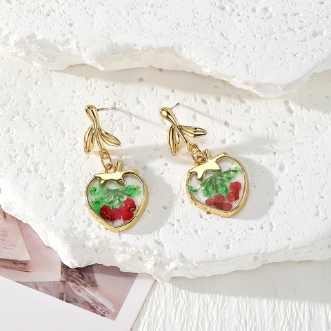 Orecchini Pendenti a Cuore in Resina con Fiori Secchi Fatti a Mano per Donna Orecchini in Lega di Foglia Oro Vintage Gioielli