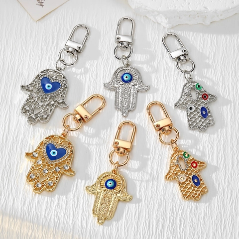 Hamsa Hand Evil Eye Keychain Metal Alloy Rhinestone Fatima Palm Bag Charm Gold Silver Turkish Eye Ethnic Style Key Ring