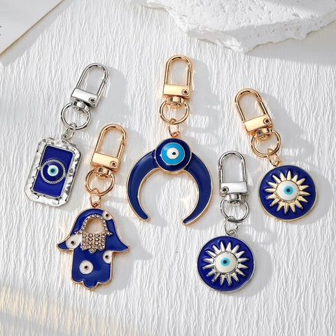 Vintage Legierung Böser Blick Schlüsselanhänger Für Damen Herren Gold Silber Mond Sonne Hand Der Fatima Emaille Blau Auge Tasche Anhänger Ethnisch Schmuck