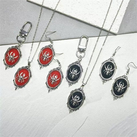 Gothic Vintage Halloween Spider Necklace Earrings Keychain Jewelry For Unisex Alloy Resin Titanium Alloy Earring Post Red Black Antique Silver Finish Dark Style Accessory