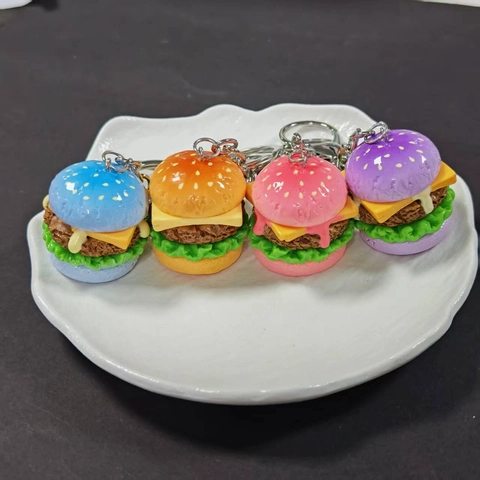Cartoon 3D Resin Burger Keychain Creative Food Hamburger Bag Pendant Cute Keyring For Backpack Phone Charms Small Gift