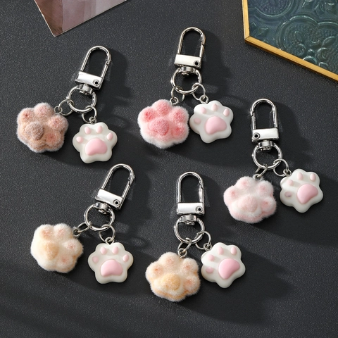 Cute Flocking Cat Paw Keychain With Resin Charm And Plush Pendant For Bags Girls Kawaii Cartoon Hanging Jewelry Gift