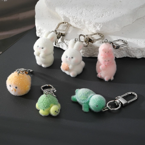 Cute Flocked Animal Keychain Resin Rabbit Turtle Pig Capybara Pendant For Bag Accessories Hanging Charm Keyring Gift