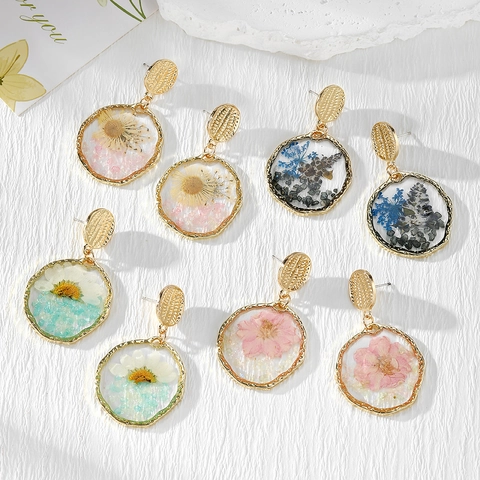 Vintage Zinc Alloy Resin Real Dried Flower Dangle Earrings With Steel Earring Post And Crushed Stone Natural Style Jewelry