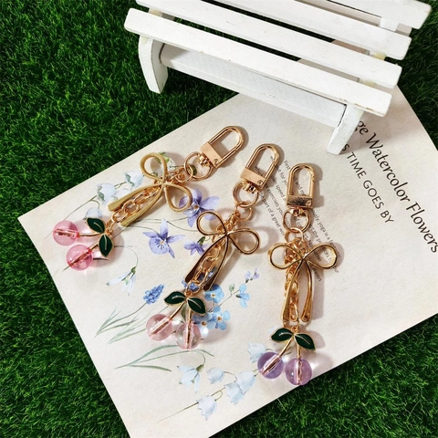 Cute Simulation Cherry Keychain With Golden Bow And Green Leaves Alloy Resin Fruit Bag Pendant For Women Accessories