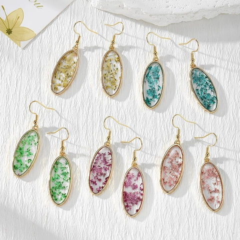 Handgemaakte Echte Gedroogde Bloemen Hars Oorbellen Ovaal Goud Frame Roestvrij Stalen Haak Gipskruid Sieraden Vrouwen
