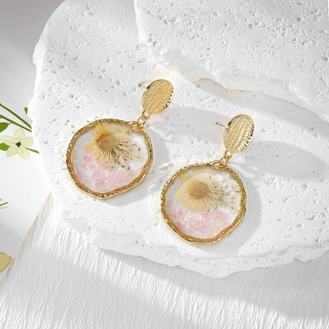 Vintage Zinc Alloy Resin Real Dried Flower Dangle Earrings With Steel Earring Post And Crushed Stone Natural Style Jewelry
