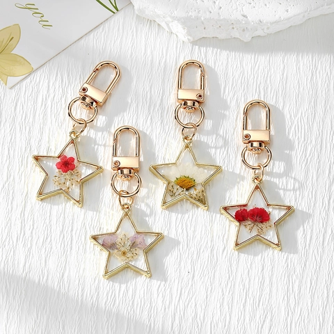 Sternförmiger Harz Schlüsselanhänger Mit Echten Trockenblumen Gold Legierung Rahmen Transparent Taschenanhänger Für Damen Mädchen