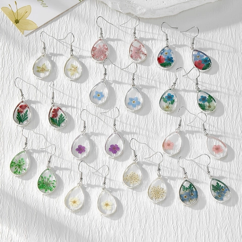 Handmade Resin Teardrop Earrings Real Dried Flower Baby Breath Jewelry Silver Iron Ear Hooks Pastoral Style For Women
