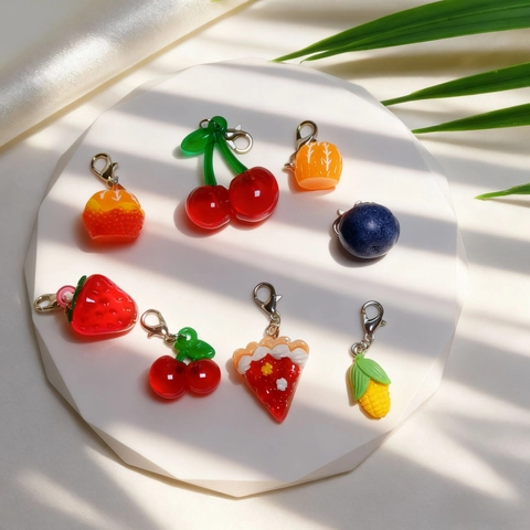 Mini Resin Fruit Food Keychain Cute Strawberry Cherry Pizza Corn Bag Charm Pendant Accessory For Women Girls Kids