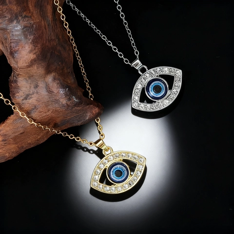 Vintage Evil Eye Pendant Necklace Alloy Rhinestone Turkish Blue Eye Clavicle Chain Sweater Necklace For Women Men Jewelry