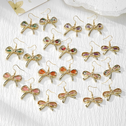 Handmade Real Dried Flower Resin Drip Glue Bow Dangle Earrings With Stainless Steel Earring Hook Pastoral Jewelry For Women