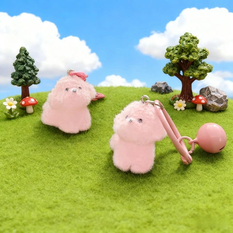Cute Cartoon Pink Flocked Puppy Dog Keychain Plastic Resin Animal Bag Charm With Bell For Women Girls Gift Phone Strap