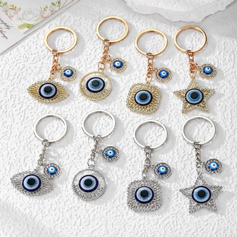 Vintage Alloy Evil Eye Keychain Rhinestone Inlaid Star Geometric Pendant Lucky Nazar Amulet Bag Hanging Ornament Gift