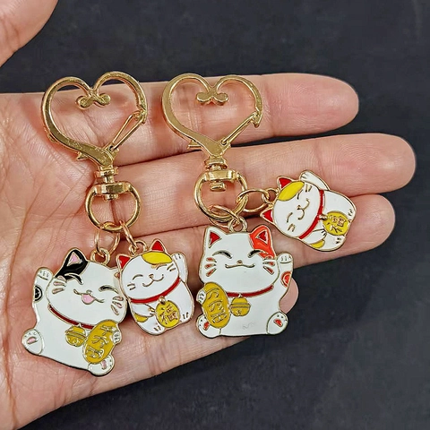 Japanischer Stil Legierung Glückskatze Schlüsselanhänger Mit Herzring Süßer Emaille Maneki Neko Taschenanhänger Für Damen Geschenk