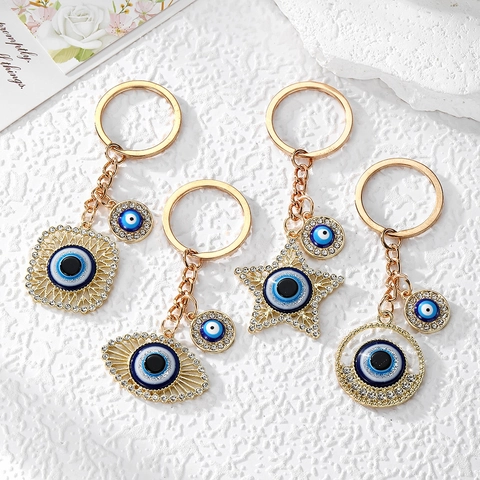 Vintage Alloy Evil Eye Keychain Rhinestone Inlaid Star Geometric Pendant Lucky Nazar Amulet Bag Hanging Ornament Gift