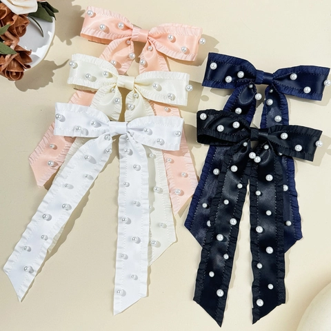 Französischer Vintage Satin Band Schleife Haarklammer Für Damen Mit Künstliche Perle Elegant Rüsche Langes Band Haarnadel Haarschmuck
