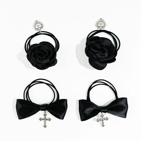 Gothic Schwarz Satin Schleife Kreuz Anhänger Haargummis Süß Cool Stil Rose Blume Herz Legierung Anhänger Elastische Haarbänder Für Damen