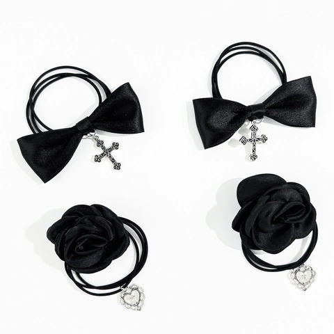 Gothic Schwarz Satin Schleife Kreuz Anhänger Haargummis Süß Cool Stil Rose Blume Herz Legierung Anhänger Elastische Haarbänder Für Damen