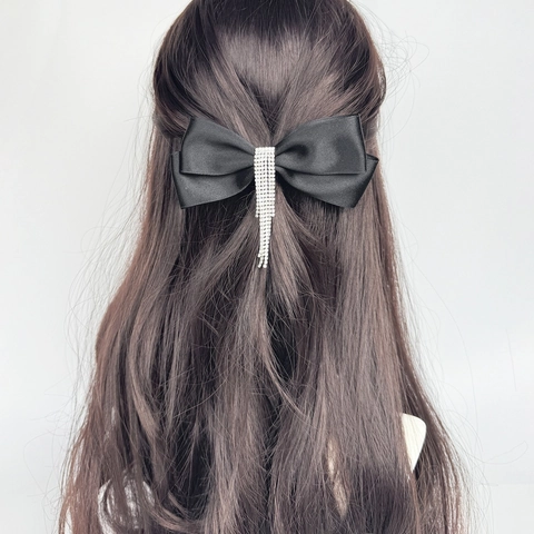 Elegant Ribbon Bow Hair Clip For Women Luxurious Rhinestone Tassel Duckbill Clip Versatile Evening Party Hair Accessories