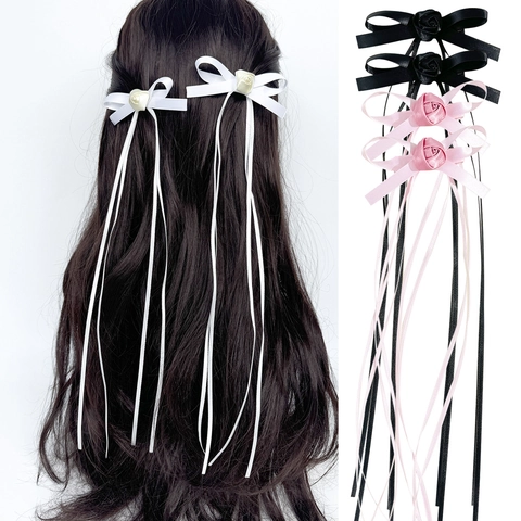 Balletcore Satinband Schleife Haarklammer Mit Rose Lange Quasten Streamer Süß Elegant Haarschmuck Für Damen Doppelte Klammern
