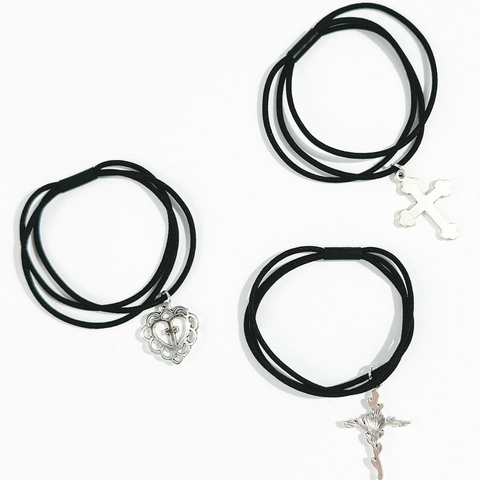 Vintage Gothic Schwarz Mehrlagige Elastische Haargummis Mit Legierung Silber Kreuz Herz Rose Anhänger Damen Haarschmuck