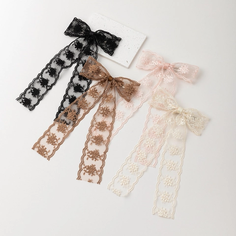 Elegante Franse Kant Bloem Strik Haarspeld Met Lange Linten Vintage Borduurwerk Eendenbekclip Voor Vrouwen Dagelijkse Haaraccessoires