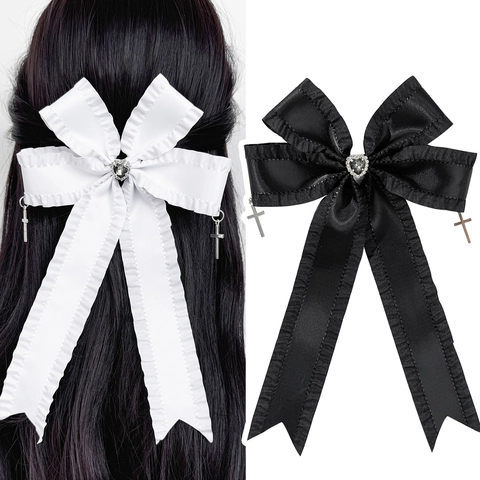 Fermaglio Per Capelli A Fiocco In Raso Gotico Con Strass A Cuore Pendente A Croce Argento Accessorio Capelli Lolita Per Donna