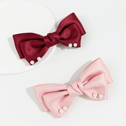 Pinza de Pelo de Lazo de Satén Elegante Con Decoración de Perlas Artificiales Estilo Coreano Doble Capa Pinza de Pato para Mujer