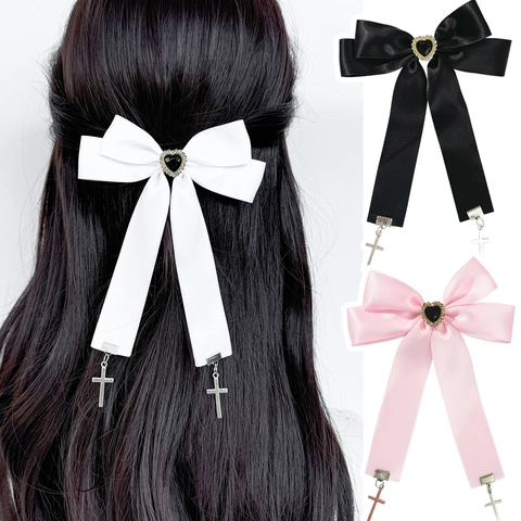 Gothic Lolita Satinband Schleife Haarspange Mit Herz Strass Kreuz Anhänger Sweet Cool Damen Mode Kopfschmuck Haar Accessoires