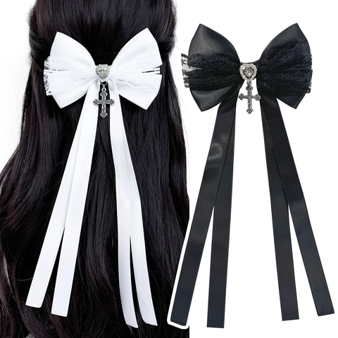 Gothic Lolita Schleife Haarspange Mit Langem Band Spitze Herz Strass Metall Kreuz Anhänger Haarschmuck Für Damen