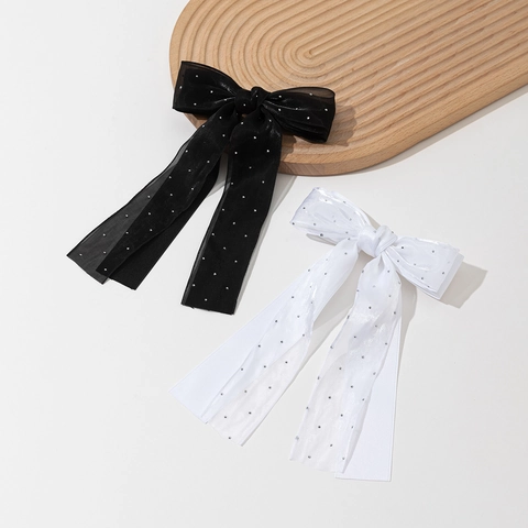 Pinza para el Pelo con Lazo de Diamantes de Imitación Brillantes de Estilo Coreano con Cinta Larga de Malla para Mujer