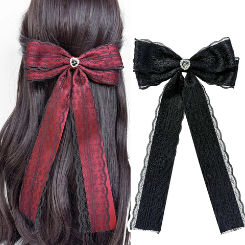 Gothic Dunkel Sweet Cool Spitze Schleife Haarspange Mit Herz Strass Langem Band Schleife Haarnadel Mode Accessoires Für Damen