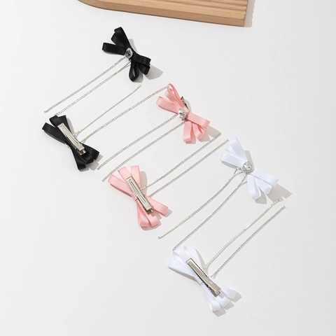 Sweet Ribbon Bow Rhinestone Heart Long Tassel Hair Clip For Women Korean Style Satin Bowknot Duckbill Clip Hair Accessories