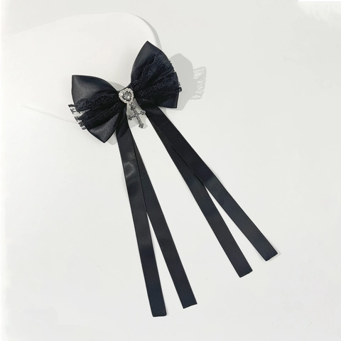 Gothic Lolita Schleife Haarspange Mit Langem Band Spitze Herz Strass Metall Kreuz Anhänger Haarschmuck Für Damen