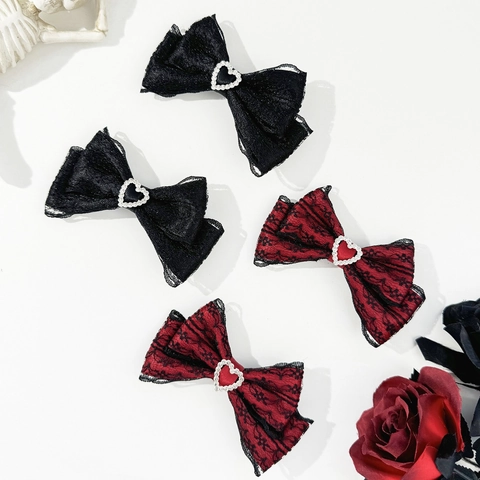 Handgemachte Band Schleife Haarklammern Mit Herz Strass Spitze Schleife Haarnadeln Für Damen Gothic Lolita Stil Kopfschmuck