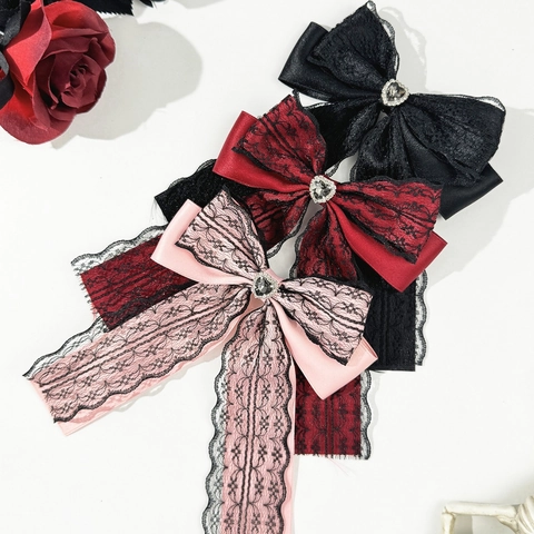 Vintage Gothic Spitze Schleife Haarklammer Für Damen Süß Cool Herz Strass Satinband Entenschnabelklemme Lolita Haarschmuck