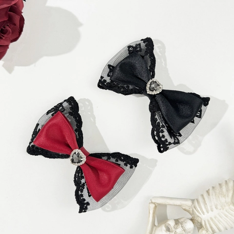 Gotisch Spitze Schleife Haarspange Herz Strass Satin Dunkler Stil Lolita Haarschmuck Für Damen Mädchen Party Cosplay