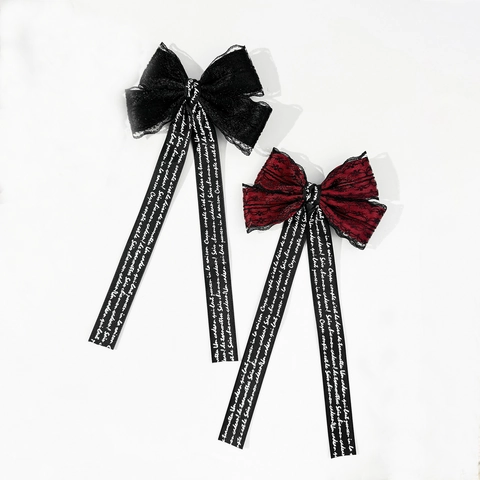 Gothic Dark Lolita Bow Hair Clip With Long Satin Ribbon Lace French Letter Print Cool Style Hairpin For Women Party