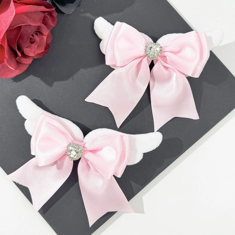 Gothic Engelsflügel Herz Schleife Haarnadel Süß Strass Satin Haarklammer Für Mädchen Damen Lolita Jirai-kei Haarschmuck
