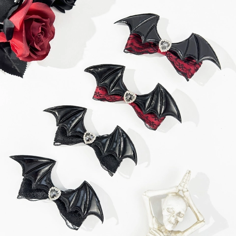 Gothic Fledermausflügel Herz Schleife Haarklammern PU-Leder Spitze Entenschnabelklemmen Halloween Party Damen Haarschmuck