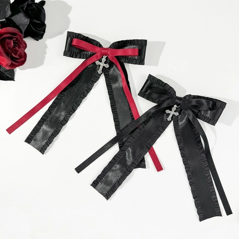 Gothic Satin Schleife Haarclip Mit Kreuz Anhänger Lange Quaste Rüschenband Süßer Cool Lolita Haarnadel Für Damen Schmuck